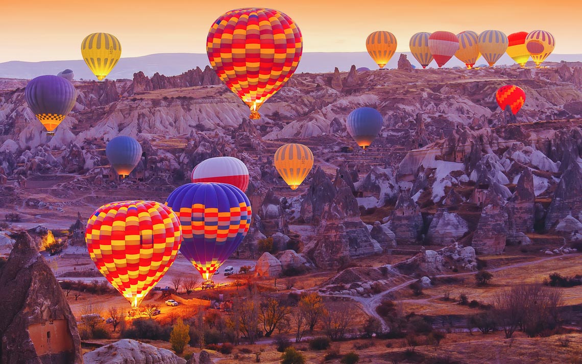 Scenic Vibrant View Of Balloons Flight In Cappadocia Valley In S