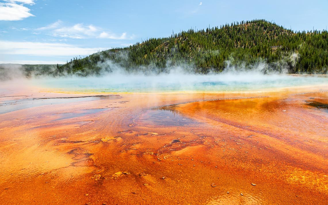 Steam Rises From The Grand Prismatic Spring In Yellowstone Natio