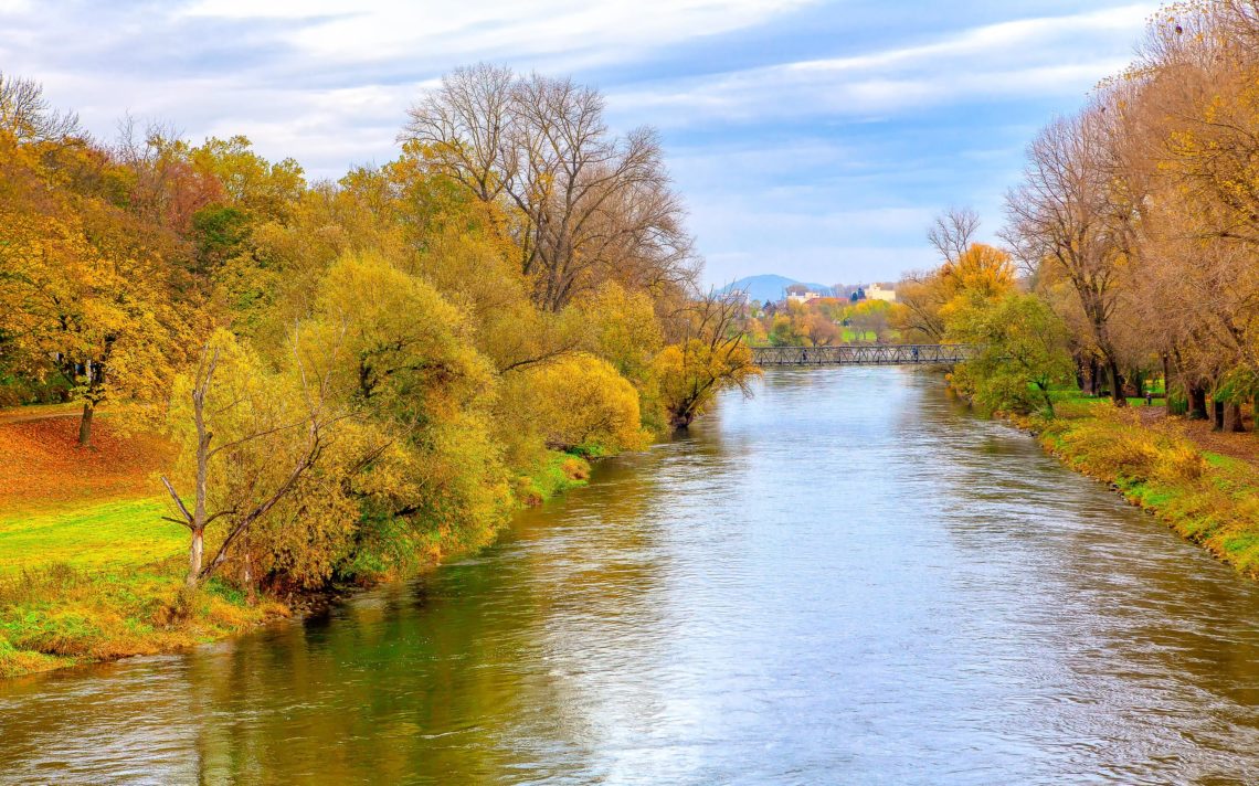 Walking Along Linker Regnitzarm River Bank . Bavaria Autumn Natu