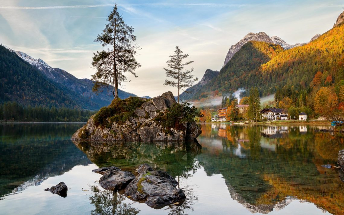 Beautiful Autumn Colors In The Sunrise At The Hintersee Lake In