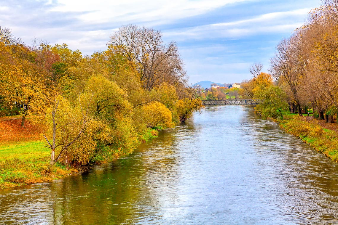 Walking Along Linker Regnitzarm River Bank . Bavaria Autumn Natu