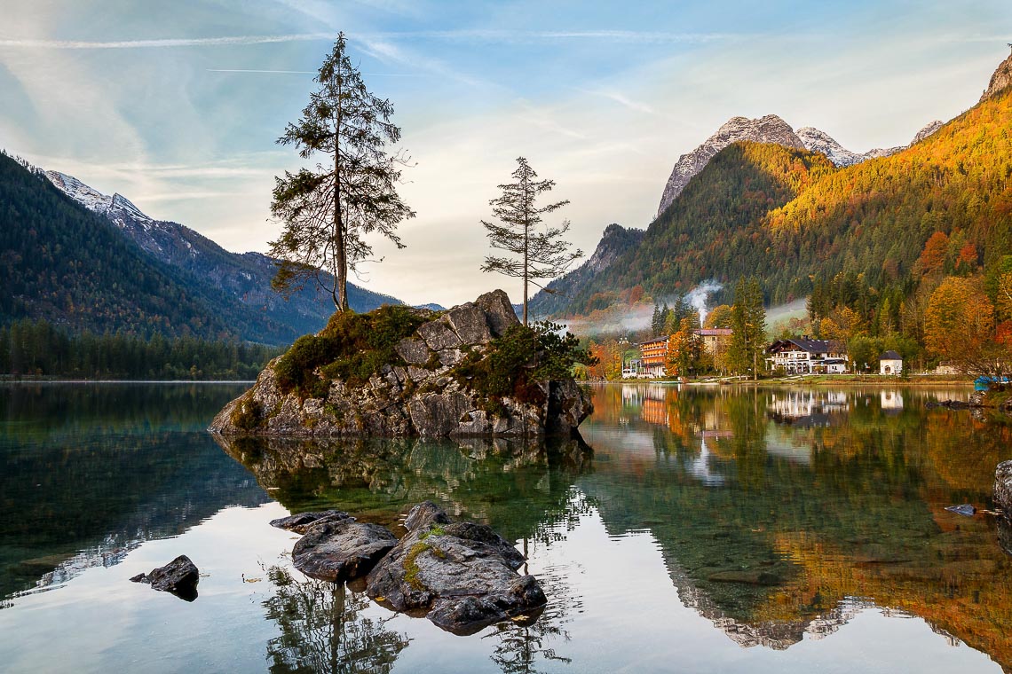 Beautiful Autumn Colors In The Sunrise At The Hintersee Lake In